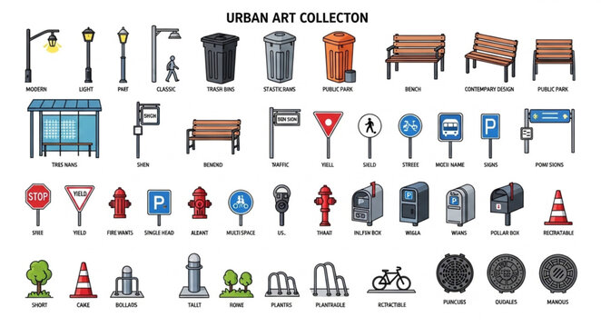 Urban Street Elements Collection Vector Illustration.