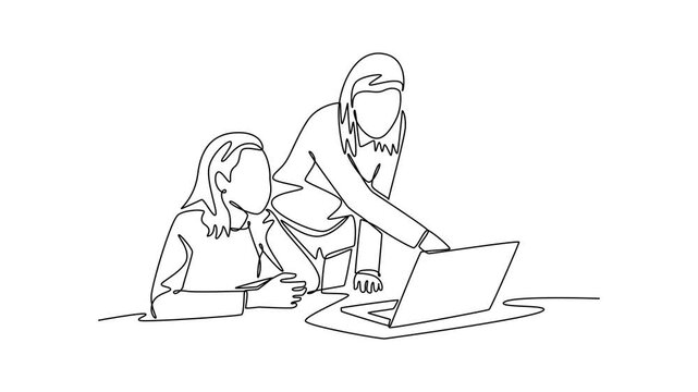 IT teacher and her students using laptop during computer class. Activity School concept. Single line draw design. Full length animation illustration. High quality 4k footage