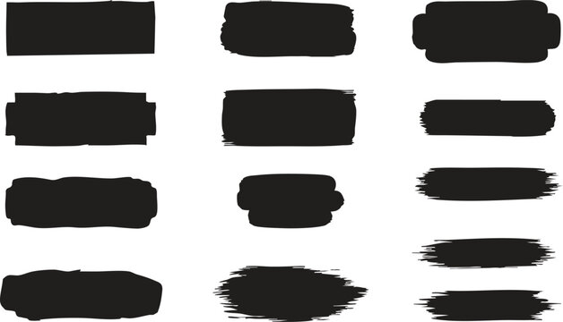 Collection of Black Grunge Textured Banner Shapes and Paint Brush Stroke Frames for Text Backgrounds