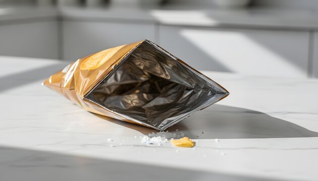 Empty chip bag prank on a kitchen marble surface for April Fools Day concept, symbolizing a disappointing snack trick and clever humor in bright morning sunlight