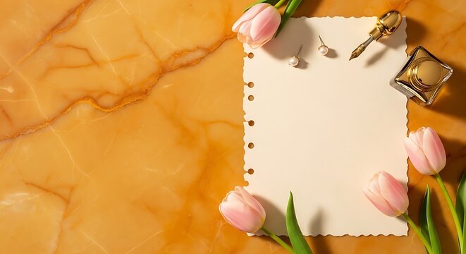 Vintage notebook with pink tulips and keys on wooden desk for spring or journaling concept