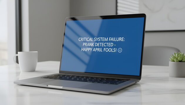 Laptop on a desk showing a fake computer error message as a prank for April Fools Day concept, displaying a critical system failure screen in a modern office interior