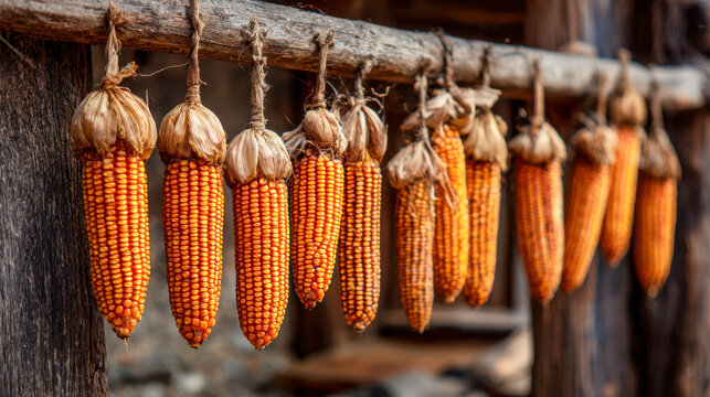 Drying corn cobs hanging from wooden beam