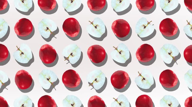Seamless pattern of fresh red apples and slices on white background