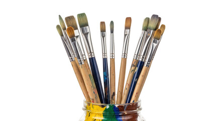 Fototapeta premium Assorted colorful paintbrushes in a wooden holder isolated on transparent background