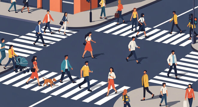 Diverse group of people crossing a busy city street at a crosswalk.