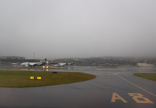 Air New Zealand on the tarmac at Wellington International Airport during Cyclone Vaianu, and amid a global fuel crisis. Image taken, April 12, 2026.