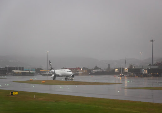 Air New Zealand on the tarmac at Wellington International Airport during Cyclone Vaianu, and amid a global fuel crisis. Image taken, April 12, 2026.