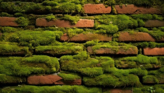 Moss-Covered Brick Wall - A Textured Display of Natures Resilience.