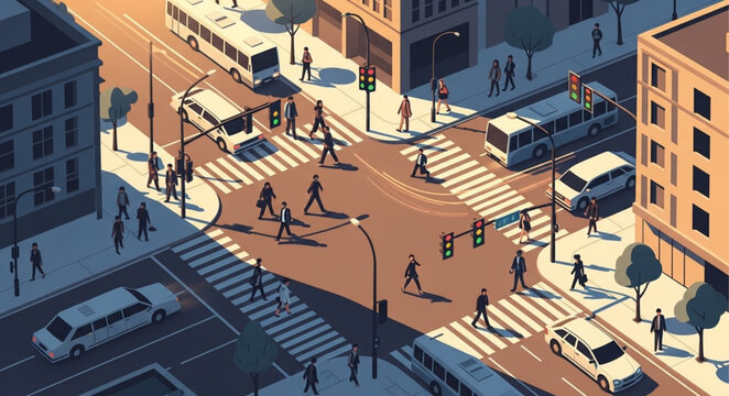 Busy City Intersection with Pedestrians and Vehicles.