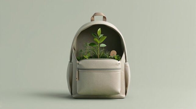A backpack with growing plants showing eco-friendly concept and nature
