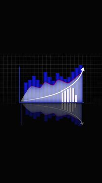 Blue vertical bar chart with translucent area graph on dark grid background, plus white upward curved arrow showing growth and positive trend, with reflection effect.