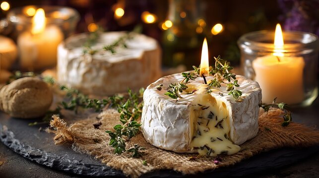 A beautifully presented baked brie cheese with a lit candle on top, surrounded by herbs and candles in a warm ambiance.