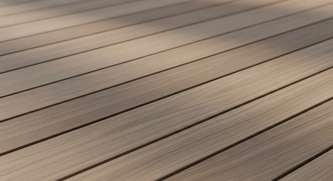 Close up of a light brown wooden deck planks with diagonal shadow lines, textured surface, and subtle grain details, outdoor flooring pattern