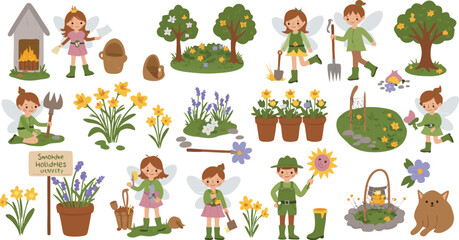 Fototapeta premium Children gardening and planting flowers and trees in a whimsical outdoor setting with a rabbit