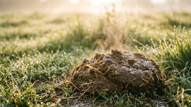 A pile of warm, steaming manure rests on a vibrant, dew-kissed meadow under soft morning light.
