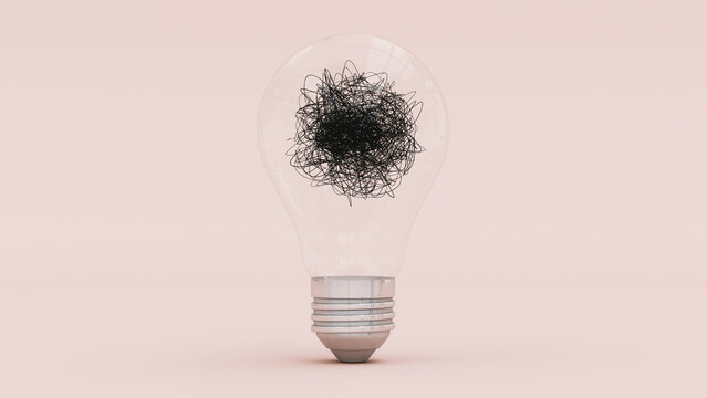 Lightbulb Tangled Scribble Chaotic Thoughts Mental Chaos Confusion Anxiety Mental Health Psychology Concept 3D Illustration
