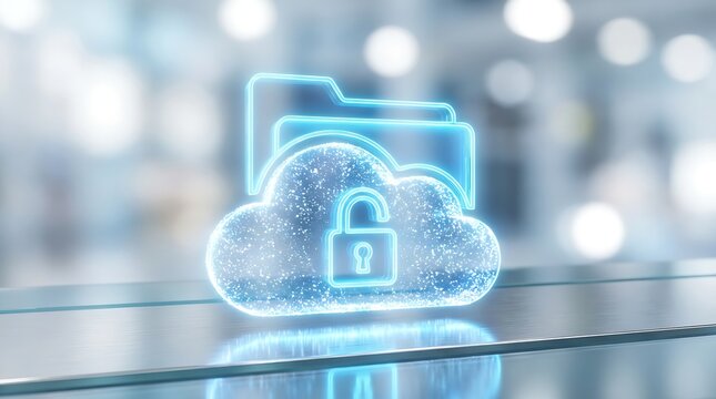 Glistening blue cloud icon with neon padlock and folder lines floating over sleek metallic surface representing secure file transfer and enterprise level digital storage solutions.