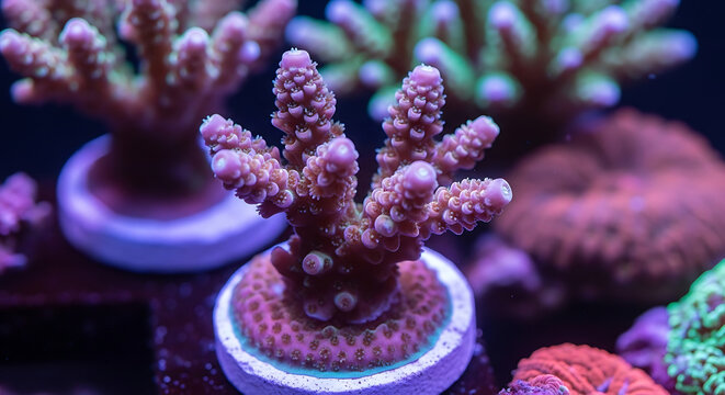 Close-up of a small, branched stony coral with pointed polyps in a shallow saltwater aquarium, vibrant colors, underwater marine life detail, ocean ecosystem, aquatic nature