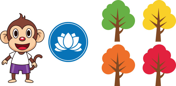 Cute monkey character lotus icon and colorful seasonal trees set cartoon vector illustration isolated design elements collection for kids