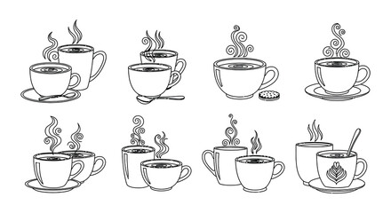 Fototapeta premium A collection of hand drawn coffee cups with rising steam isolated on white