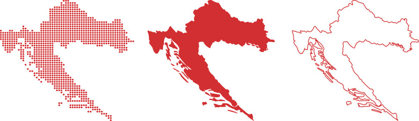 Fototapeta premium Three Red Maps Of Croatia In Different Styles On White Background country outline