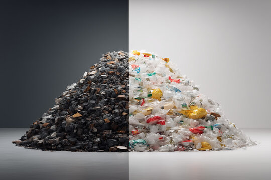 Mixed waste and clean minimal waste side by side showing stark differences in waste management and recycling practices in urban settings Generative AI