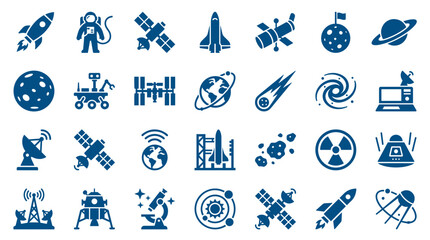 Collection of space exploration icons including rockets astronauts satellites planets and galaxies representing space travel and scientific discovery © Iconique Studio