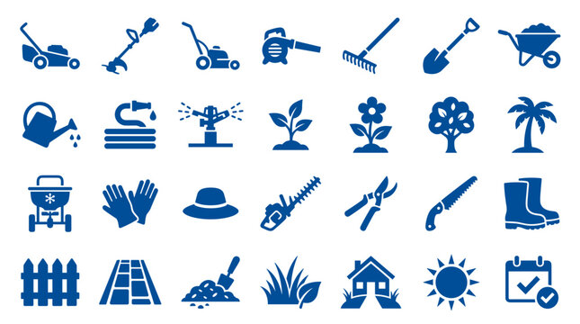 Collection of blue garden and lawn care equipment icons and symbols for landscaping and home maintenance concepts