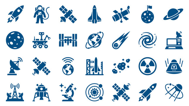 Collection of space exploration icons including rockets astronauts satellites planets and galaxies representing space travel and scientific discovery