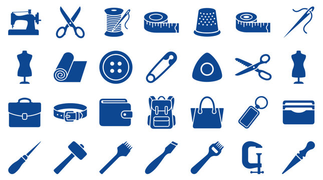 Collection of blue sewing and tailoring tools and accessories on a white background