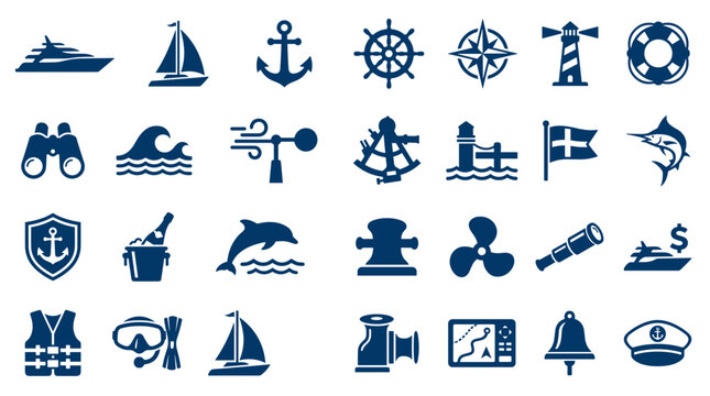Nautical and Marine Icons Collection Set Featuring Ships Boats Anchors Lighthouse Binoculars and Other Maritime Symbols for Sea Travel and Ocean Adventure