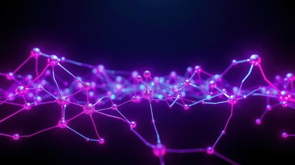 Fototapeta premium Abstract network visualization. Bright pink, blue lines connect glowing nodes against dark background. Futuristic, digital concept.