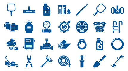 Fototapeta premium Collection of blue icons representing swimming pool maintenance equipment and garden tools, symbolizing home care and outdoor upkeep