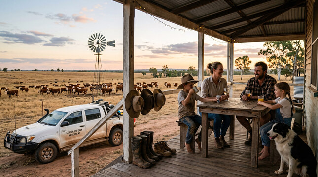 Family relaxing on a rural farmhouse porch at sunset with cattle grazing in the background