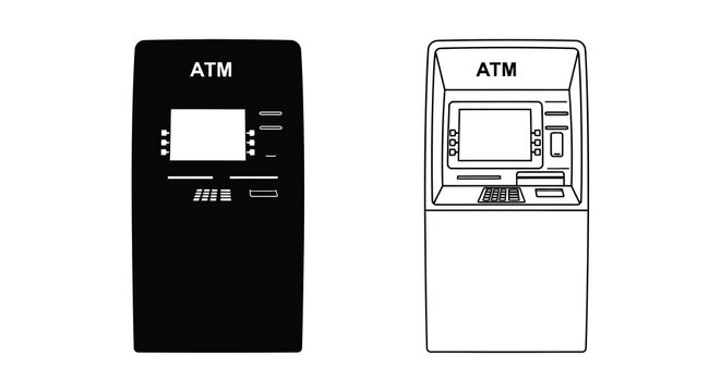 A minimalist illustration depicts two automated teller machines one solid black and one white outline high quality professional