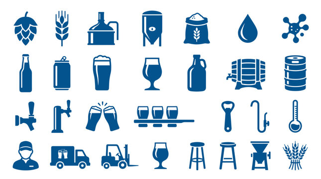 Collection of blue beer and brewing icons representing the craft of making beer from ingredients to final product and serving
