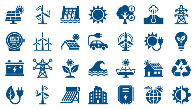 Diverse collection of renewable energy icons representing sustainable power sources and eco-friendly technology solutions for a greener future