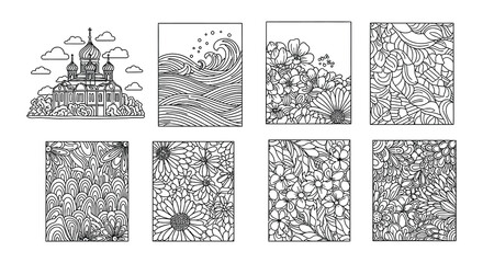 A collection of detailed black and white line art panels with floral and architectural motifs © nurjahan
