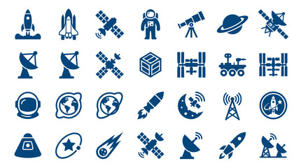 Fototapeta premium Collection of space exploration icons including rockets satellites astronauts planets and celestial bodies for science and technology concepts