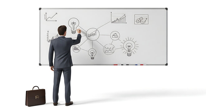 Businessman in suit drawing complex flowchart on whiteboard, planning strategy, business analytics, problem solving, workflow visualization