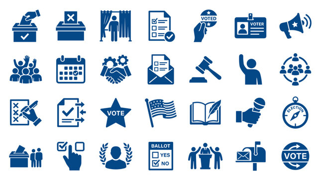 Collection of blue election and voting icons representing democratic process, civic participation, and government choices