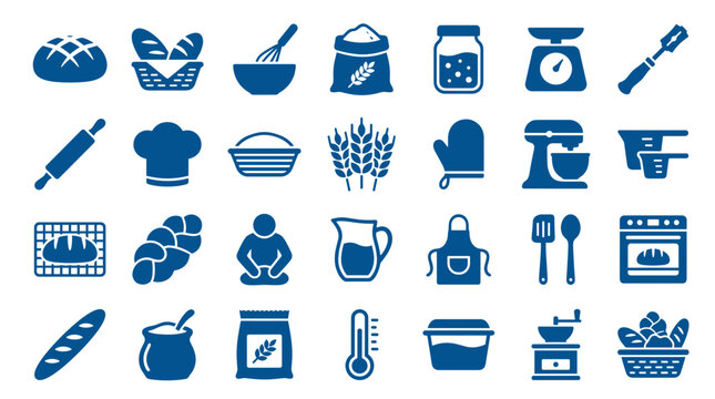 Collection of baking and cooking icons representing ingredients tools and finished products for a bakery or kitchen