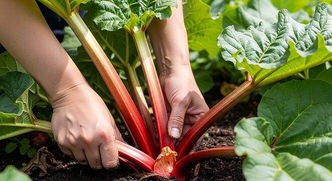 Hands are harvesting a rhubarb plant in a garden with soil and leaves.