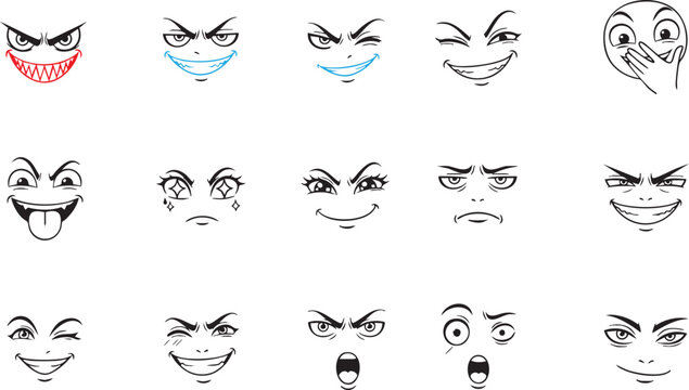 Evil and Mischievous Cartoon Face Expression Set with Smirk and Angry Emotions in Outline Style