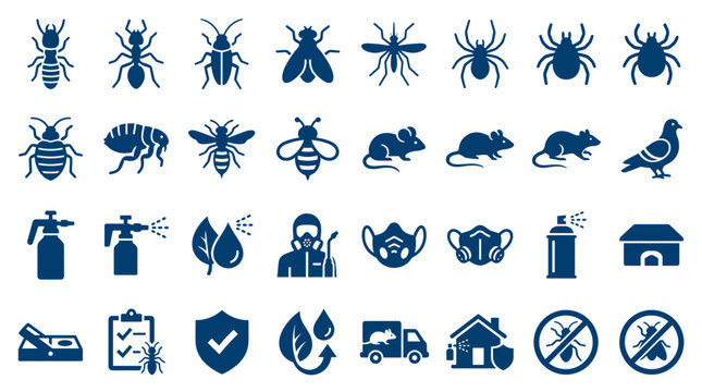 Pest control service icons set for extermination and disinfection of insects and rodents in homes and businesses
