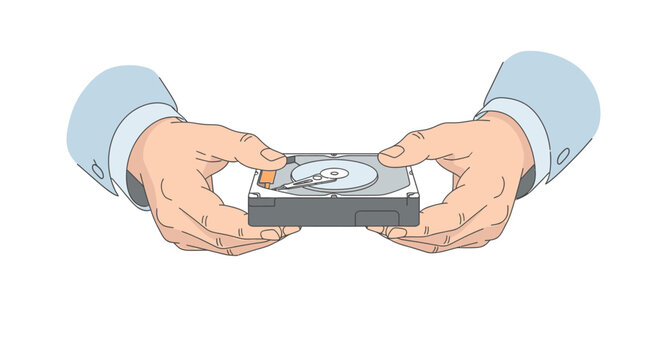Hands holding a computer hard drive, symbolizing data storage, technology, and digital information management.
