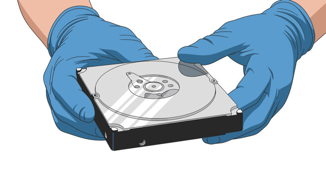 Hands in blue protective gloves holding a computer hard drive, illustrating data storage, technology, and computer repair concepts
