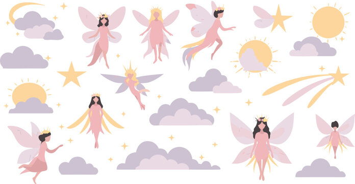 Collection of whimsical pink fairies and dreamy clouds with sunshine and rainbow