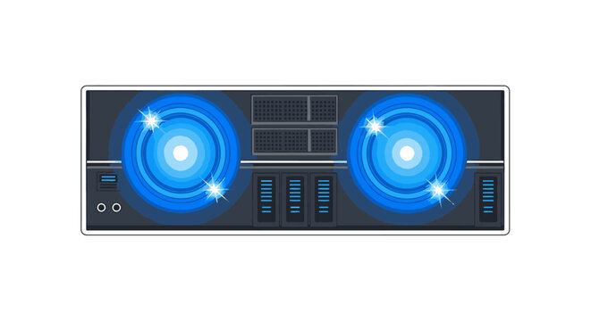 Modern DJ turntable with glowing blue lights and shiny effects isolated on white background